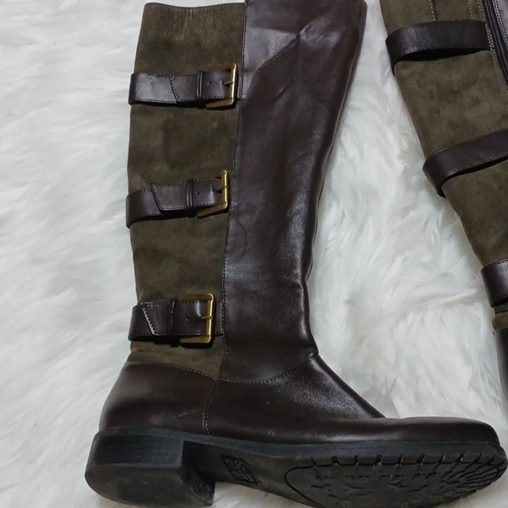 9&Co size 8 brown tall boots, with decoractive buckles. Man made materials.